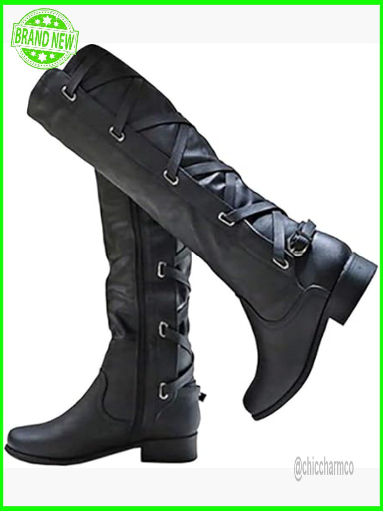 Women's Lace Up Knee High Combat Boots Low Heel Strappy
